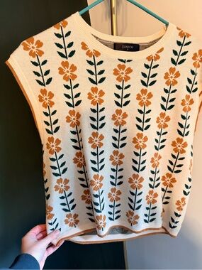 Zesica Cream Floral Knit Shell with Mustard and Green Pattern Vest